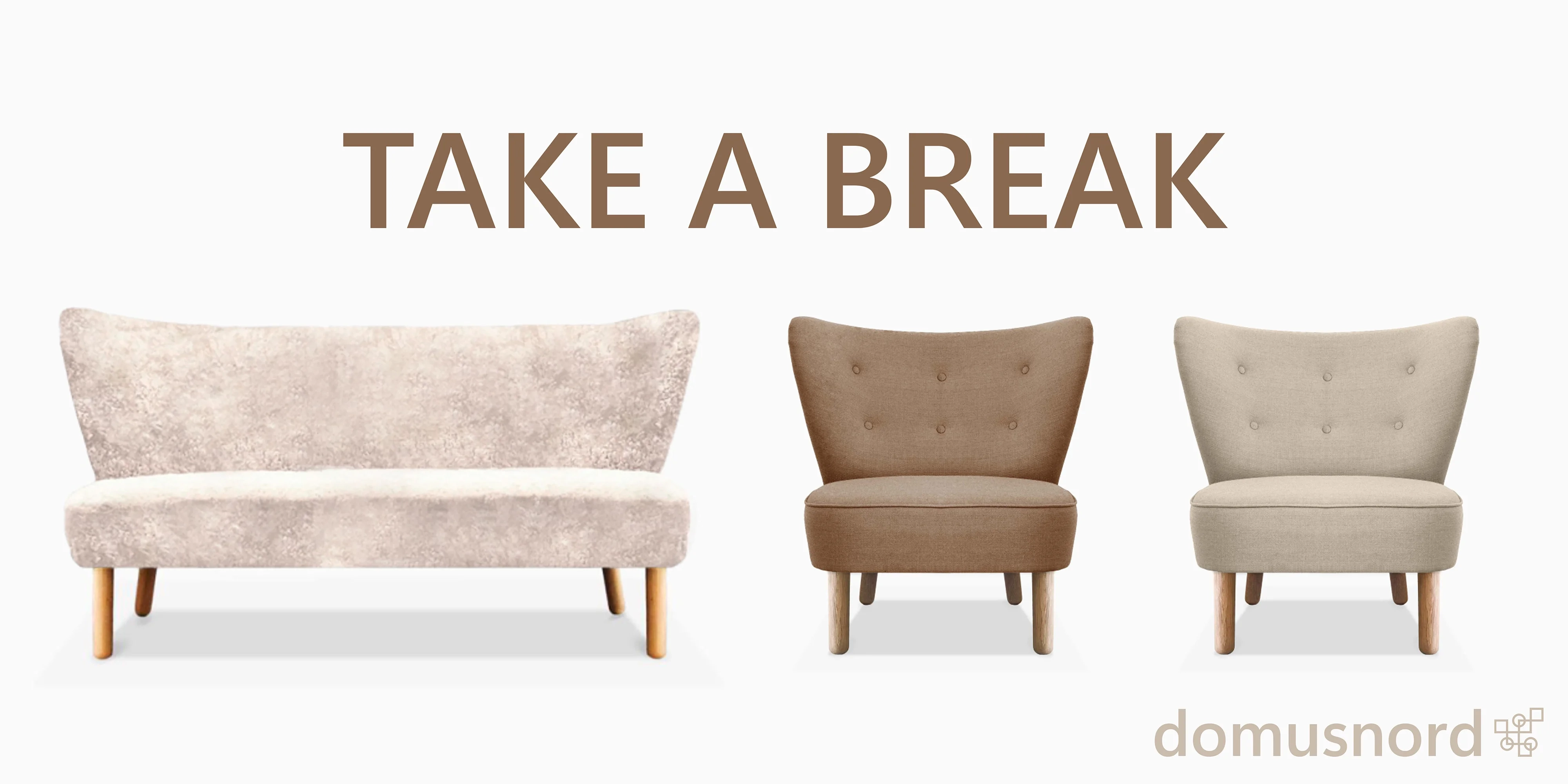 Dansk design til erhverv fra Domusnord: Take a Break bamse sofa i hvidt skind samt camel og sandfarvet l�nestol. Ideel som bamse stol, hyggestol og sofaer til lounge, kontor, reception og hotel.