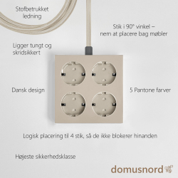 Funktionsoversigt af Domusnord Connector: 4 udtag, stofbetrukket ledning, 90 graders vinkelstik til placering bag m�bler og tung, skridsikker base i dansk design.