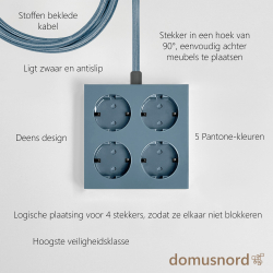 Kenmerken blauwe stekkerdoos verdeelstekker stekkerblok 4-voudig Schuko met textielsnoer hoogste veiligheidsklasse.