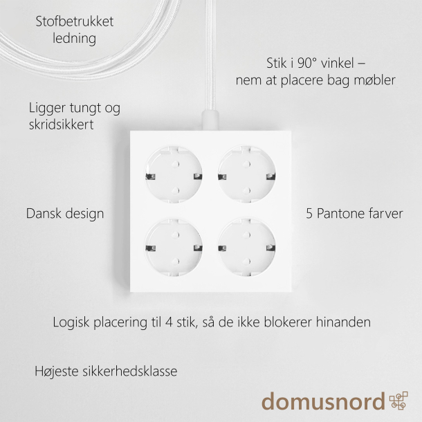 Infographic voor Domusnord Connector: Hoogste veiligheidsklasse, 4 logisch geplaatste stopcontacten en 5 Pantone-kleuren.